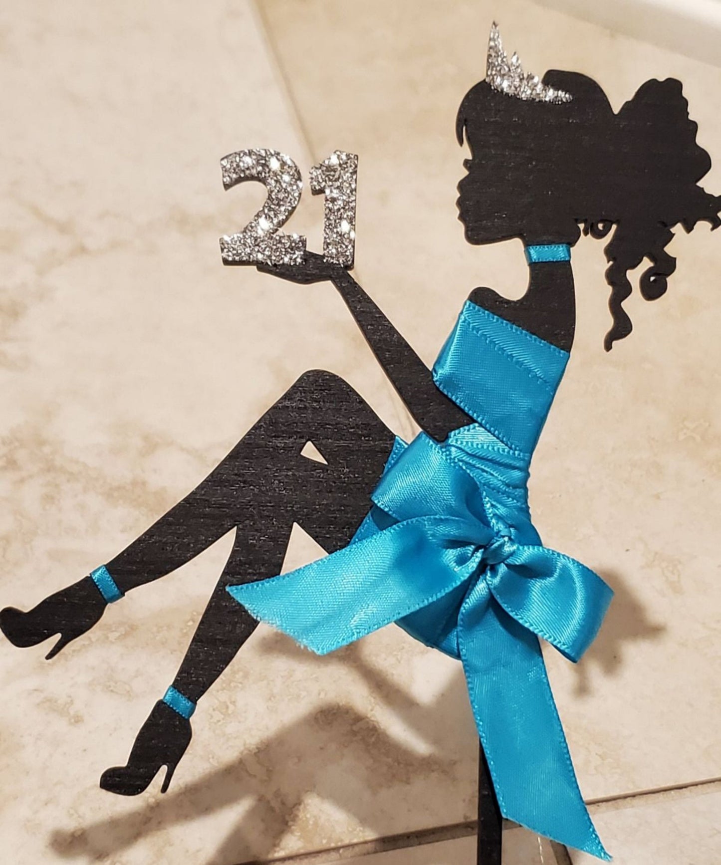 21st Birthday Cake Topper With Silhouette Satin Dress